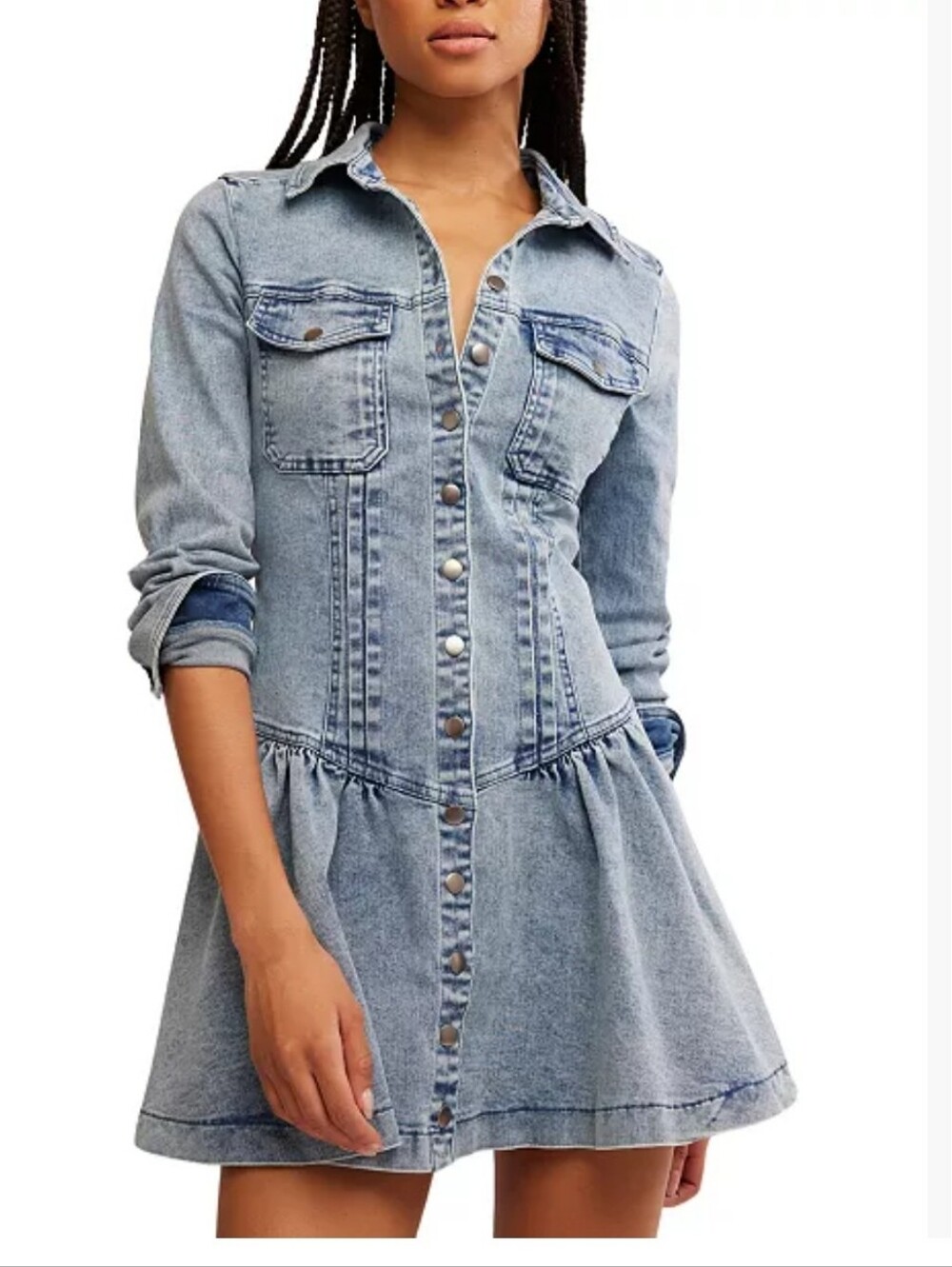Free People Roadhouse Light Blue Denim Button-Front Mini Dress Stretch